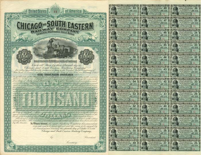 Chicago and South Eastern Railway Co. - Unissued $1,000 Railroad Gold Bond